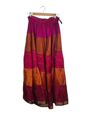 NEW Vintage Kashi Silk Tiered Patchwork Maxi Skirt Magenta Gold Orange One Size